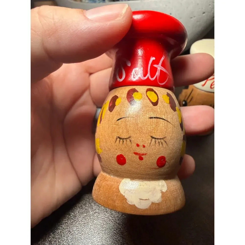 Vintage 1950's-60's Chef Salty and Peppy Wood Shakers Painted Made in Japan